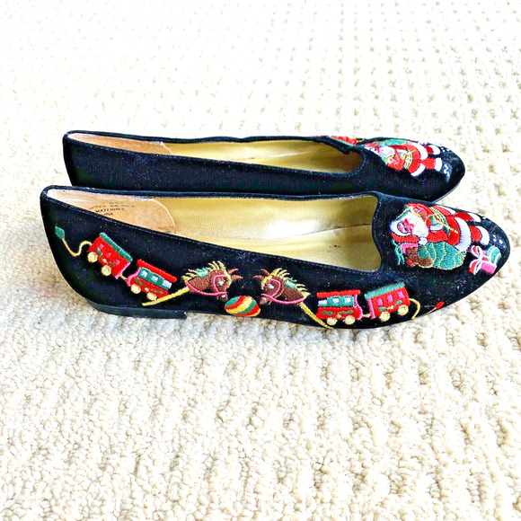 Vintage Pritzi Christmas Holiday Flats Dressy Shoes Black Velvet & Embroidery 7M - Picture 2 of 13